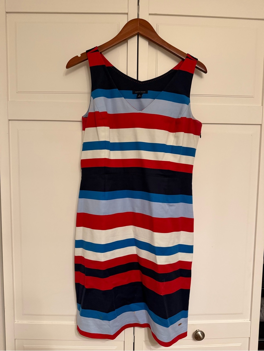 Tommy Hilfiger Red, Navy & Light Blue Striped Sleeveless Sheath Dress